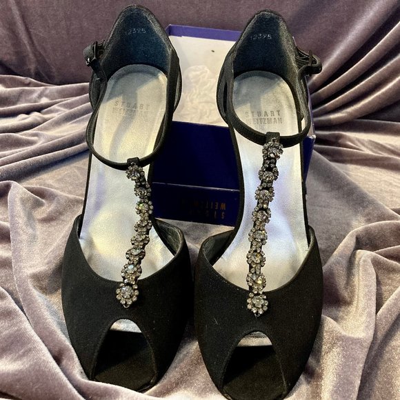 Stuart Weitzman Black Satin T-Strap Heels - Picture 1 of 3